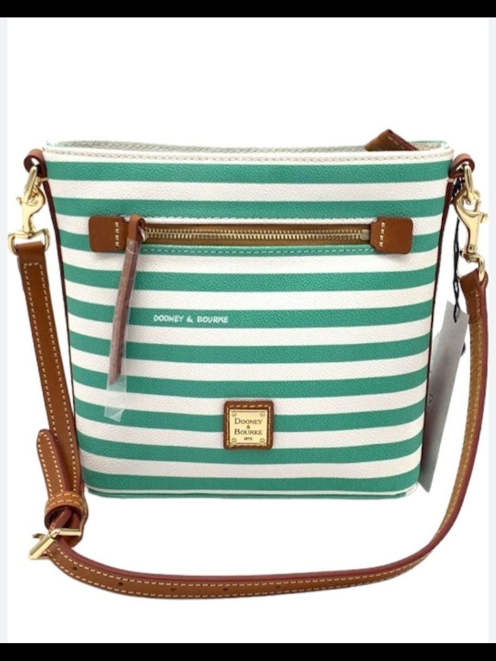 Dooney & Bourke Green & White Striped Crossbody with Brown Trim Sullivan Seafoam